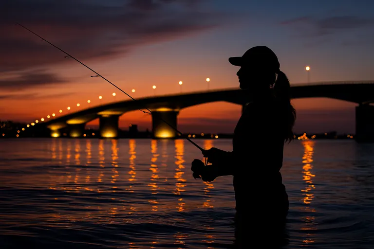 Bridge lights on Longboat at dusk with moving water